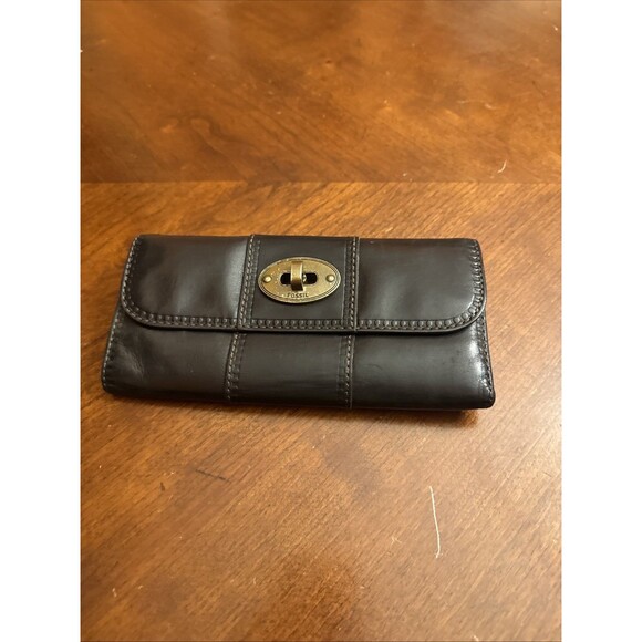 Fossil Authentic Black Genuine Leather Bifold Wallet Classic Natural W Turn Lock - Picture 3 of 8